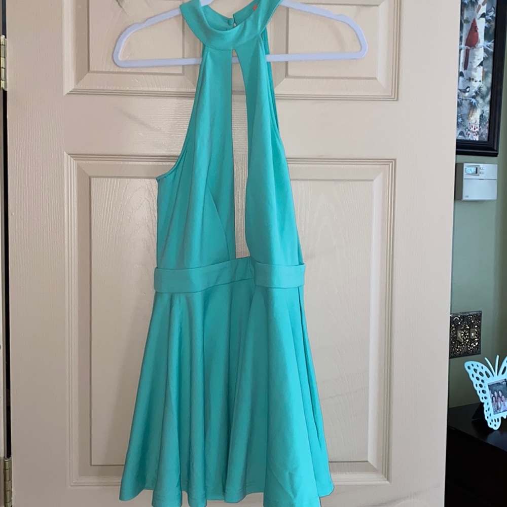 Banjul Teal Backless Halter Mini Dress
